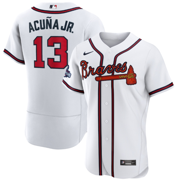 Men's Atlanta Braves #13 Ronald Acuna Jr. 2021 White World Series Champions Stitched Baseball Jersey Men's Atlanta Braves #13 Ronald Acuna Jr. 2021 White World Series Champions Stitched Baseball Jersey